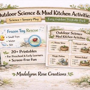 Può includere: Un pacchetto stampabile per attività scientifiche all'aperto e cucina di fango. Il design presenta due schede illustrate con istruzioni per attività come "Frozen Toy Rescue" e "Stone Stew". Il testo include "20+ Printables" e "Screen-Free Fun".
