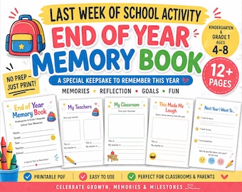 May include: A colorful end-of-year memory book for kindergarten and grade 1 students, ages 4-8. The design features a backpack illustration and includes pages for memories, reflection, and goals. The book is a printable PDF.