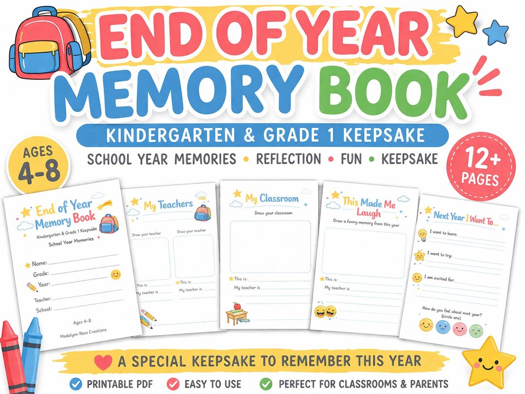 End of Year Memory Book Kindergarten & Grade 1 | School Year Keepsake ...