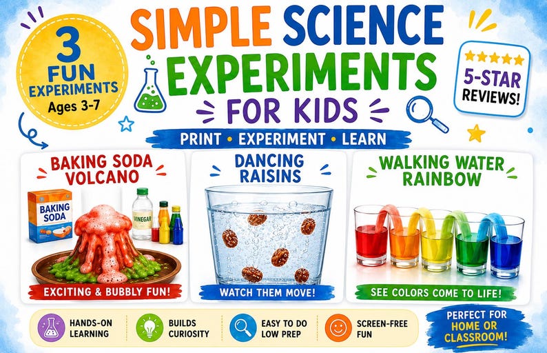 May include: A digital educational poster titled Simple Science Experiments for Kids featuring three activities: a baking soda volcano, dancing raisins in a glass of water, and a walking water rainbow experiment with colored liquid in glasses.