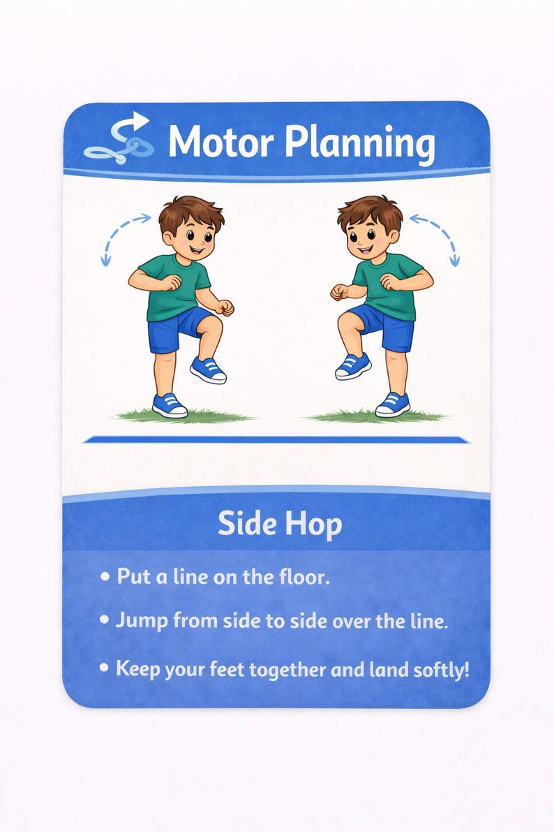 Pu&ograve; includere: Una carta con il testo "Motor Planning" e "Side Hop". Presenta illustrazioni di un ragazzo che esegue salti laterali. Le istruzioni includono mettere una linea sul pavimento, saltare da un lato all'altro e atterrare delicatamente. La carta &egrave; blu e bianca.