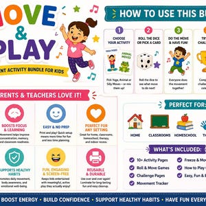 May include: A colorful movement activity bundle for kids, featuring the text "MOVE & PLAY." The image includes illustrations of children, activity instructions, and icons highlighting benefits like boosting energy and building confidence. Perfect for home, classrooms, and therapy.