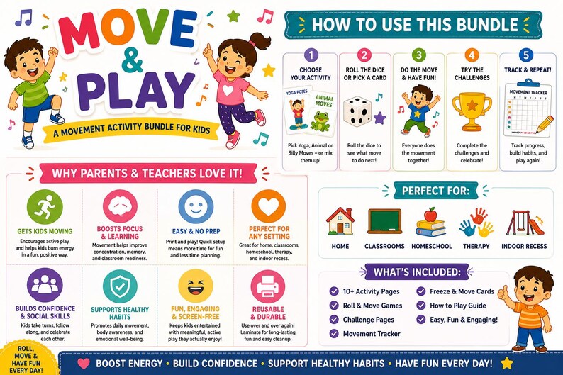 May include: A colorful movement activity bundle for kids, featuring the text "MOVE & PLAY." The image includes illustrations of children, activity instructions, and icons highlighting benefits like boosting energy and building confidence. Perfect for home, classrooms, and therapy.