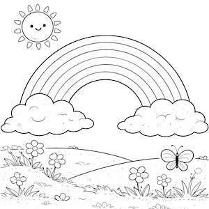 May include: A black and white line art coloring page featuring a smiling sun, a large rainbow arching over two fluffy clouds, and a landscape below with several simple flowers, rolling hills, and a butterfly with open wings in the foreground.
