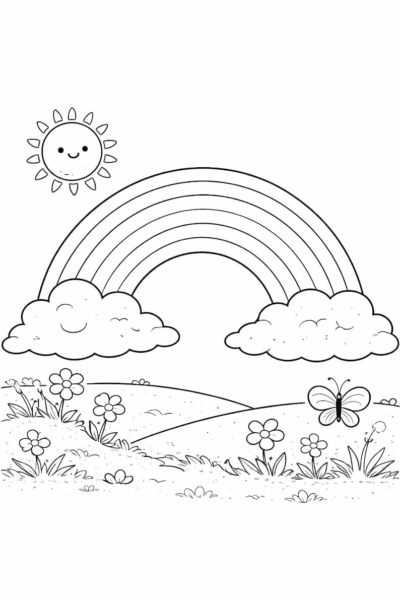 May include: A black and white line art coloring page featuring a smiling sun, a large rainbow arching over two fluffy clouds, and a landscape below with several simple flowers, rolling hills, and a butterfly with open wings in the foreground.