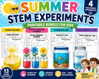 Summer STEM Experiments Printable Bundle | Lemon Volcano, Flower Colors, Ocean Jar (PDF Download)