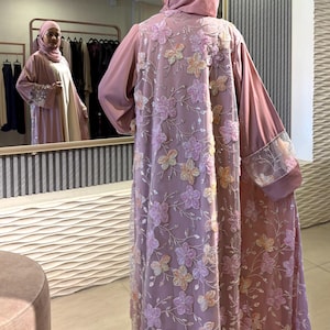 Mauve Abaya 3 Piece Set | Moderna Silk, Tulle Lace, Sequin Bead Detail