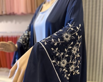 Hand-Beaded Occasion Abaya | Modest Eid Abaya with Chiffon Shawl and Silk Inner wear