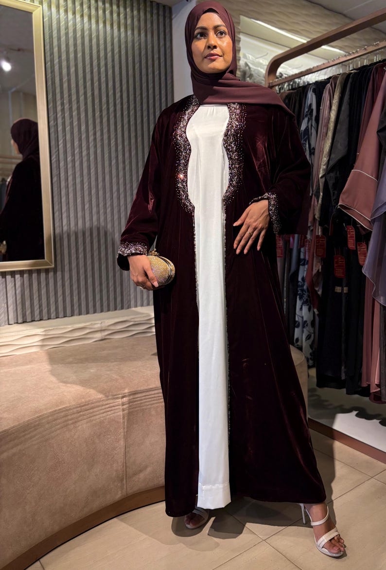 Abaya Rack Luxury Wine Red Velvet Evening Abaya With Bead Embroidery | Elegant ...