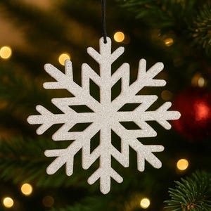 Può includere: Un ornamento natalizio a forma di fiocco di neve bianco e glitterato, appeso a un filo nero. Il fiocco di neve è posto davanti a uno sfondo sfocato di un albero di Natale, una palla rossa e luci bokeh. Decorazione festiva.