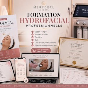Peut inclure: Un kit de formation professionnelle Hydrofacial comprenant un manuel, une tablette, un smartphone, un ordinateur portable affichant un protocole de soin, un certificat et une machine avec trois flacons, le tout marqué Merydeal Academy.