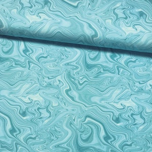 May include: Abstract teal blue and white marbled fabric with a swirling pattern.