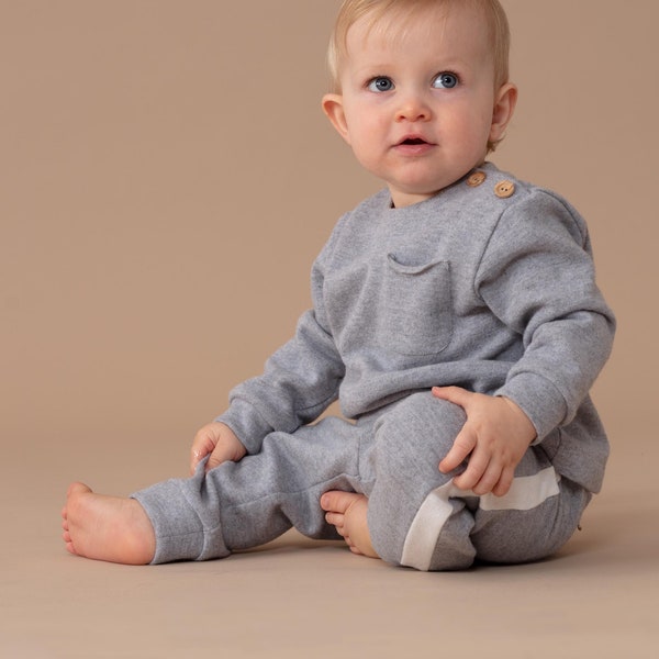MATERIALS and PATTERN for Merino baby Soft Gray outfit  |  sweater and pants | sizes 62-98 cm  =  2 months to 3 yrs | OTTOBRE design® 6-2019