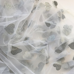 SILVER HEARTS tulle fabric