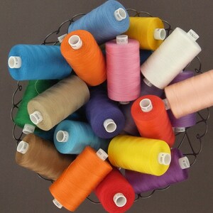 Può includere: Una collezione di 18 bobine di filo per cuciture a punto dritto in vari colori, tra cui rosso, arancione, giallo, verde, blu, viola, rosa e bianco. Le bobine sono disposte in un cestino di filo metallico e sono etichettate con "EPIC no. 80 topstitching thread 1000 m".
