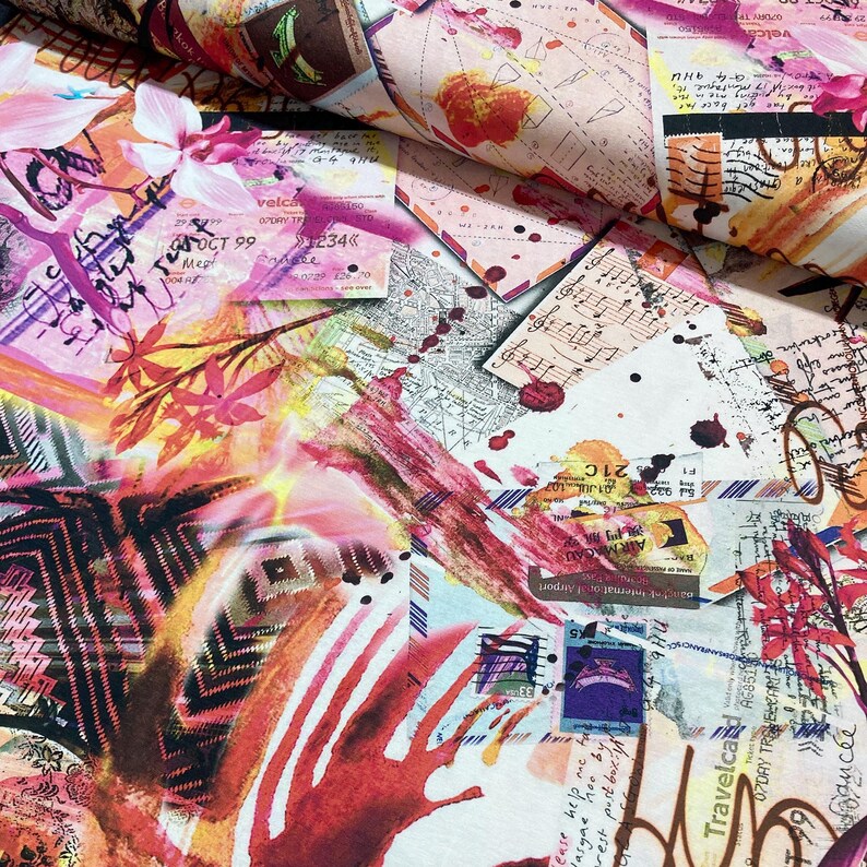 May include: A colorful fabric with a collage of images, including handwritten notes, musical notes, and abstract shapes. The fabric features a pink, orange, and yellow color scheme with black accents.