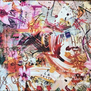 May include: Abstract collage fabric with a pink, orange, and red color scheme. The fabric features a variety of patterns, including flowers, geometric shapes, and handwritten text. The text includes the words "Travelcard" and "Airport".