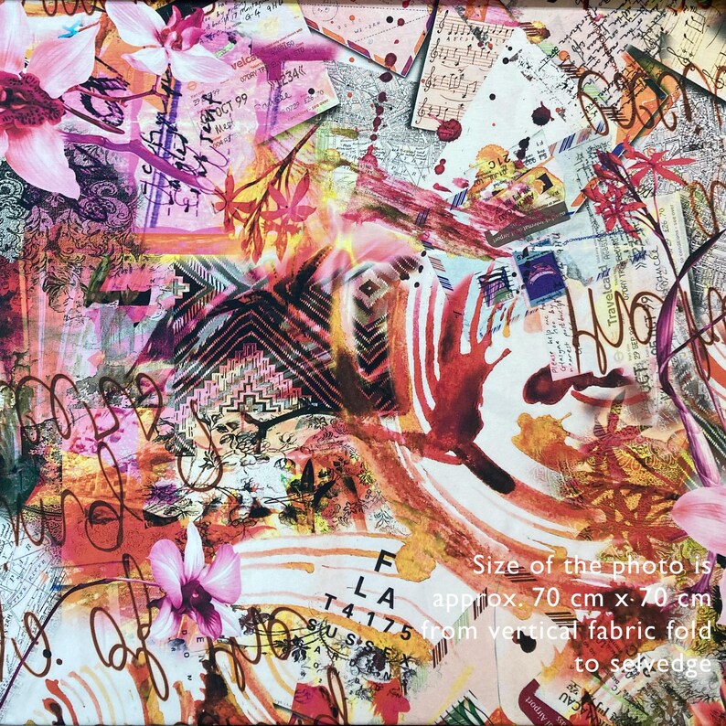 May include: Abstract collage fabric with a pink, orange, and red color scheme. The fabric features a variety of patterns, including flowers, geometric shapes, and handwritten text. The text includes the words "Travelcard" and "Airport".
