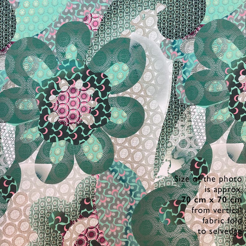 May include: A green and pink floral fabric with a white geometric pattern. The fabric is 70 cm x 70 cm from the vertical fabric fold to the selvedge.