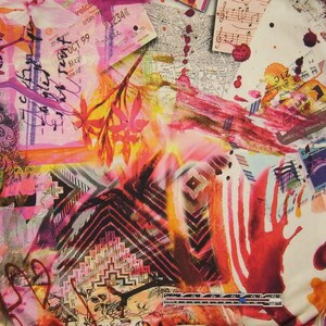 May include: Abstract print fabric with a pink, yellow, and red color scheme. The fabric features a geometric pattern, a floral design, and handwritten text, including "OCT 99" and "Please help".