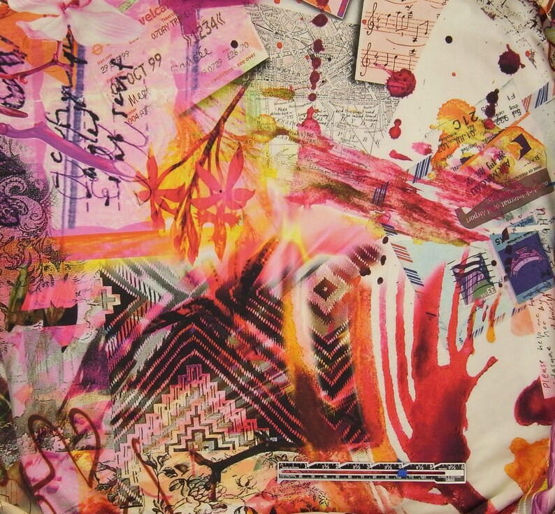 May include: Abstract print fabric with a pink, yellow, and red color scheme. The fabric features a geometric pattern, a floral design, and handwritten text, including "OCT 99" and "Please help".