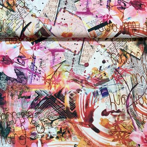 May include: Abstract fabric with a colorful collage of pink, orange, yellow, and red. The fabric features a mix of floral patterns, musical notes, and handwritten text.