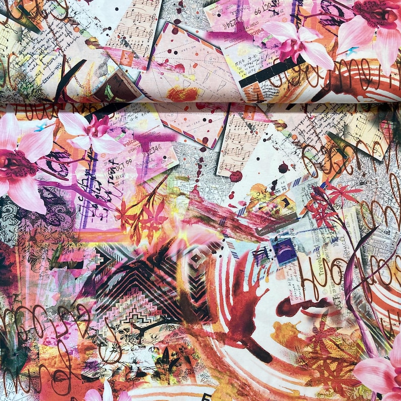 May include: Abstract fabric with a colorful collage of pink, orange, yellow, and red. The fabric features a mix of floral patterns, musical notes, and handwritten text.