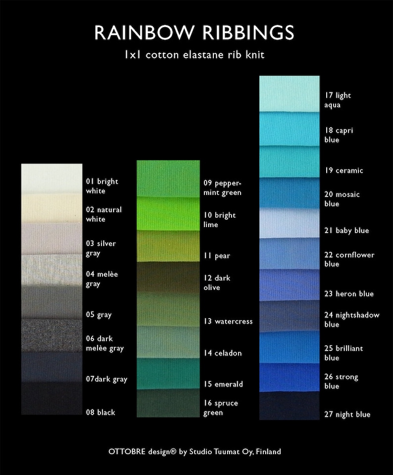 May include: A color chart showing 27 different shades of blue, green, and gray fabric swatches. The fabric is described as 1x1 cotton elastane rib knit. The chart is labeled "Rainbow Ribbings".