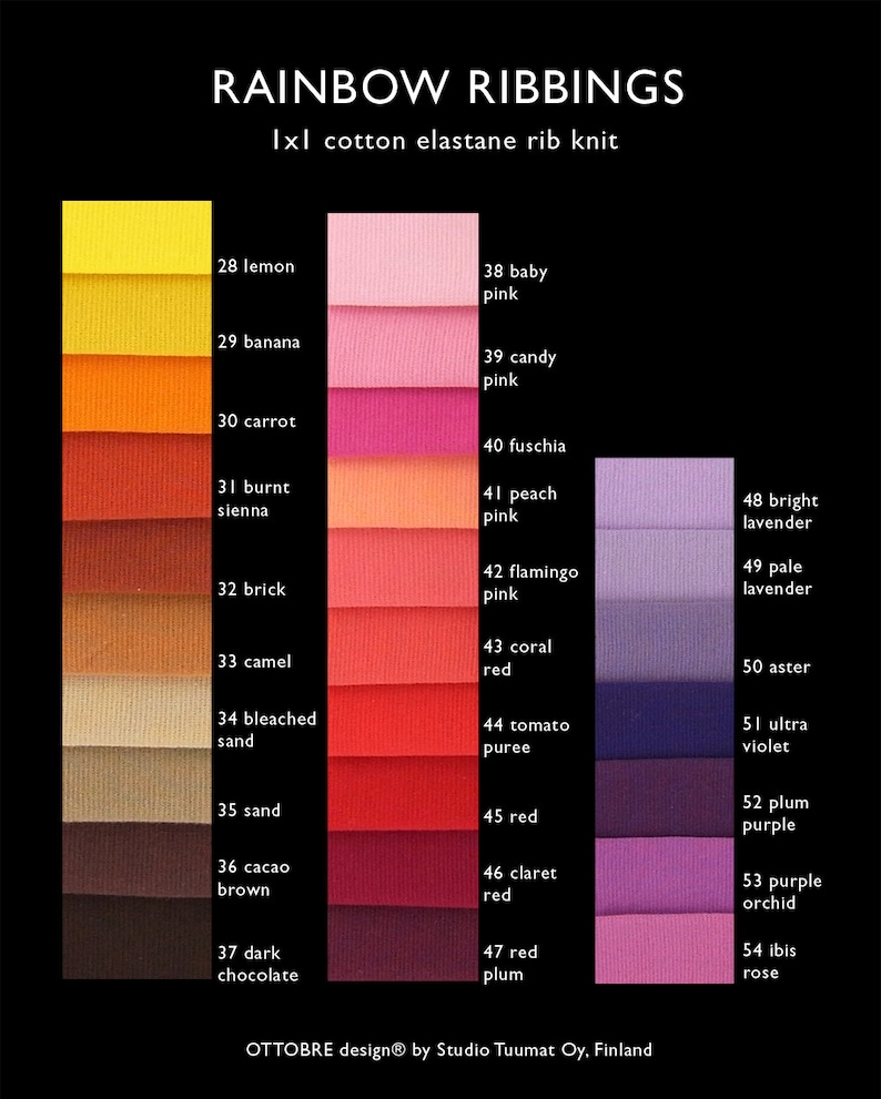 May include: A color chart of 54 different shades of cotton elastane rib knit fabric. The colors are arranged in a rainbow order from yellow to rose. Each color swatch is labeled with a number and a descriptive name.
