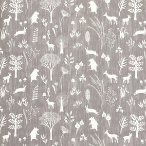 May include: A seamless pattern featuring white silhouettes of animals, trees, and plants on a gray background. The pattern includes bears, deer, rabbits, trees, and various floral elements.