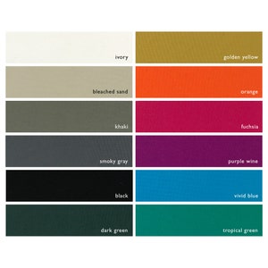 May include: A color chart with 12 different colors, including ivory, golden yellow, bleached sand, khaki, orange, fuchsia, smoky gray, purple wine, black, vivid blue, dark green, and tropical green.