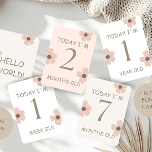 Op de afbeelding: Een verzameling mijlpaalkaarten voor baby's met bloemaccenten. De rechthoekige kaarten bevatten teksten als "Hello World!", "Vandaag ben ik 1 week oud" en "Vandaag ben ik 7 maanden oud". De kaarten zijn 12,7 x 17,8 cm groot.