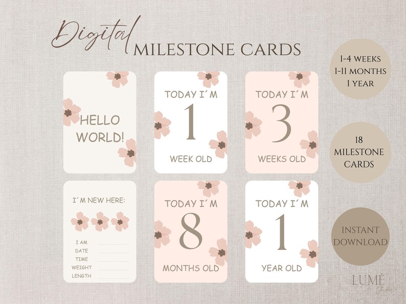 Printable Baby Girl Milestone Cards | Neutral Floral Baby Milestones ...