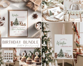 May include: A birthday party stationery bundle featuring a Winter Onederland theme with watercolor illustrations of a bear, reindeer, and pine trees. Includes an invitation, a welcome sign, cupcake toppers, and a photo collage board.