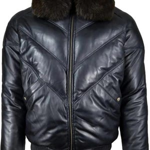 Men,s Black Sheepskin Leather Puffer Bomber Jacket, V Pattern with Real Fox Fur Collar, Winter Jacket, Gift for Him