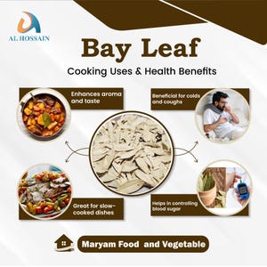 May include: An image promoting bay leaf with text that reads "Bay Leaf Cooking Uses & Health Benefits." The image shows a pile of bay leaves surrounded by illustrations of its uses: enhancing aroma, beneficial for colds, great for slow-cooked dishes, and helping control blood sugar.