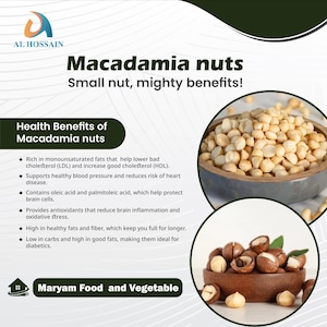 May include: An advertisement for macadamia nuts. The image shows a bowl of shelled macadamia nuts and a bowl of macadamia nuts in their shells. Text highlights the health benefits, including lowering cholesterol and providing antioxidants.