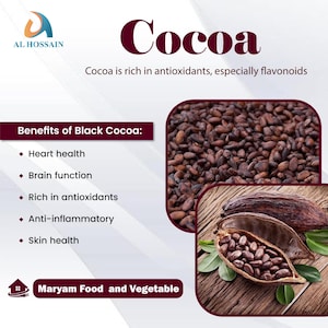 May include: An informational graphic about cocoa featuring the text Cocoa, Cocoa is rich in antioxidants, especially flavonoids, and Benefits of Black Cocoa. It displays a pile of dark cocoa beans and a split cocoa pod with green leaves.