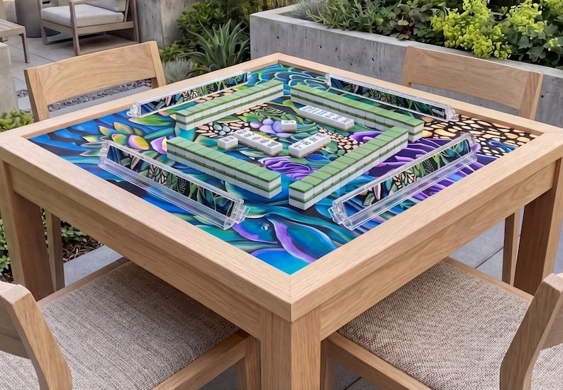 May include: A wooden Mahjong table with a colorful floral design on the playing surface. Green and white tiles are arranged on the table, along with clear tile racks. The table is surrounded by wooden chairs.