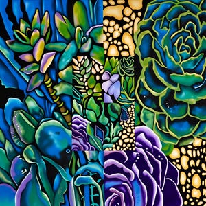 May include: A vibrant, square painting featuring a collage of succulent plants in shades of blue, green, purple, and yellow against a black background. The artwork showcases various succulent forms, with detailed brushstrokes and a modern aesthetic.