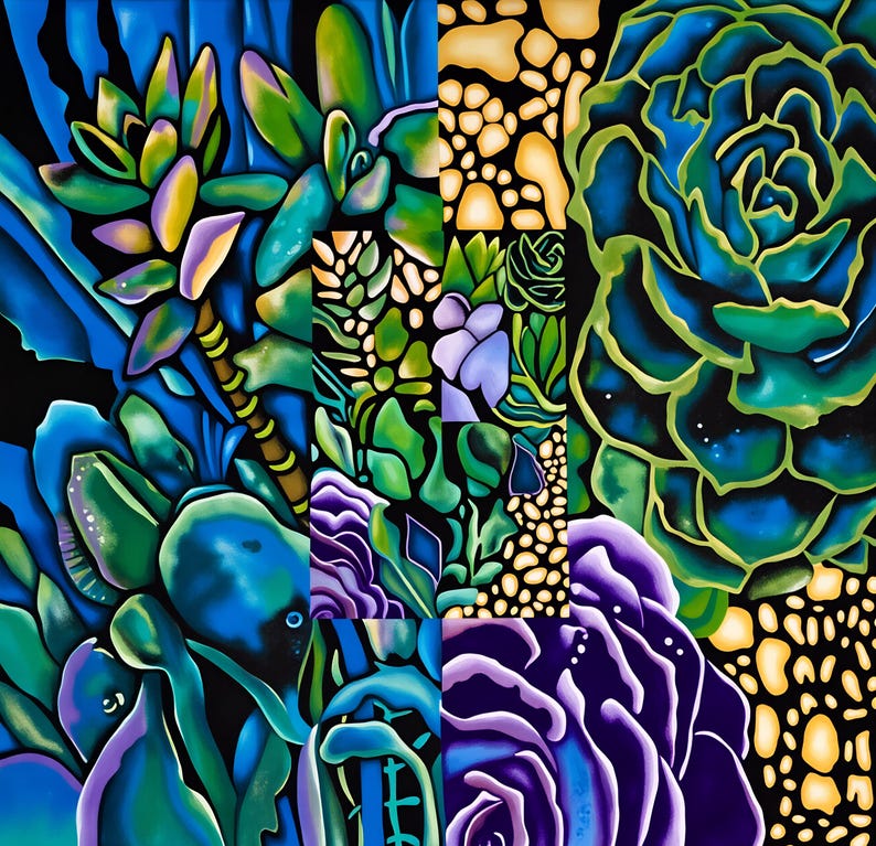 May include: A vibrant, square painting featuring a collage of succulent plants in shades of blue, green, purple, and yellow against a black background. The artwork showcases various succulent forms, with detailed brushstrokes and a modern aesthetic.