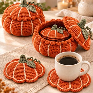 May include: A set of crocheted pumpkin-shaped items including a lidded storage container, several flat coasters, and a matching lid. Each piece is vibrant orange with cream-coloured vertical ribs, a green stem, and a small green leaf.