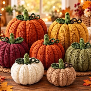 May include: A collection of seven crocheted pumpkins in various sizes and colors, including orange, yellow, burgundy, sage green, white, and tan. Each pumpkin features a ribbed texture, a green stem, and small green crocheted leaves and vines.
