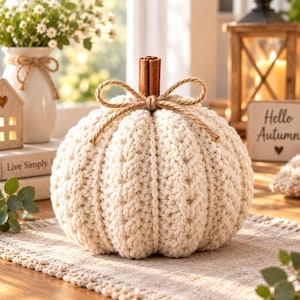May include: A cream-colored crocheted pumpkin featuring a textured cable knit pattern. The top of the pumpkin is adorned with a brown cinnamon stick stem and a tied jute twine bow, creating a decorative piece with a soft, neutral appearance.
