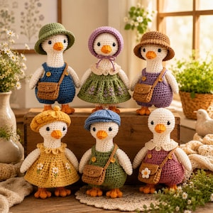 May include: Six crocheted goose dolls with white bodies and orange beaks. They wear various outfits including overalls, dresses, and hats in colors like green, blue, purple, and yellow. Some geese carry small brown crocheted satchels.