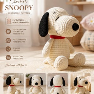 Peut inclure: Un modèle de crochet amigurumi pour un personnage Snoopy, représentant un chien en peluche couleur crème avec une oreille noire, un nez noir et un collier rouge. Le téléchargement numérique inclut des instructions et des photos détaillées.