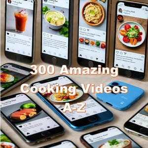 Puede incluir: Varios teléfonos inteligentes que muestran imágenes de comida y el texto "300 Amazing Cooking Videos A-Z". Los teléfonos están dispuestos sobre una superficie marrón claro, mostrando diversos contenidos culinarios.