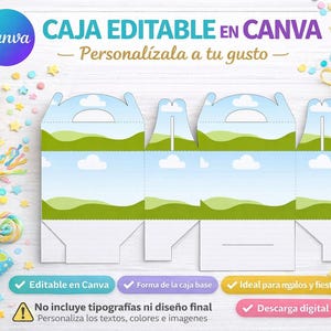 Puede incluir: Plantilla imprimible de caja de regalo con diseño de paisaje de colinas verdes, cielos azules y nubes blancas. Se muestra el texto "CAJA EDITABLE EN CANVA", junto con otro texto en español. Adecuado para regalos y fiestas.