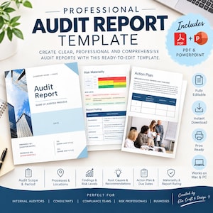May include: A professional audit report template document featuring a cover page with a skyscraper graphic, a risk materiality table, and an action plan page. The layout includes placeholders for company name, date, and audit details in blue and white.