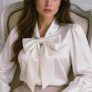 Blusa blanca de seda con lazo – Elegante camisa de manga larga para la oficina o como atuendo para invitada a una boda.